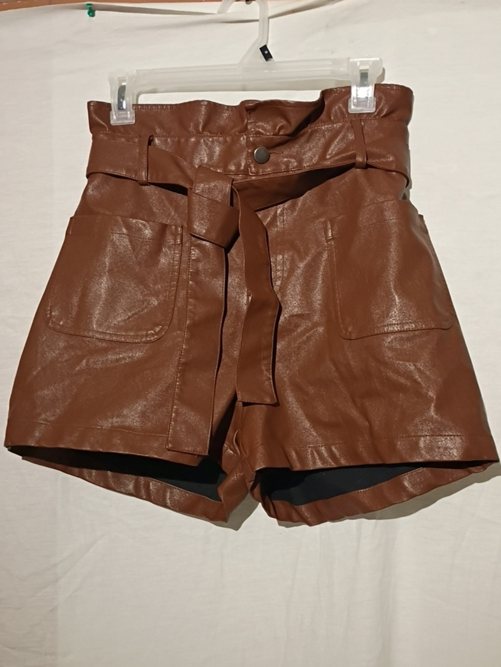 Alya High-Waist Brown Faux-Leather Paperbag Shorts with Tie Belt, Sz 8, NWOT